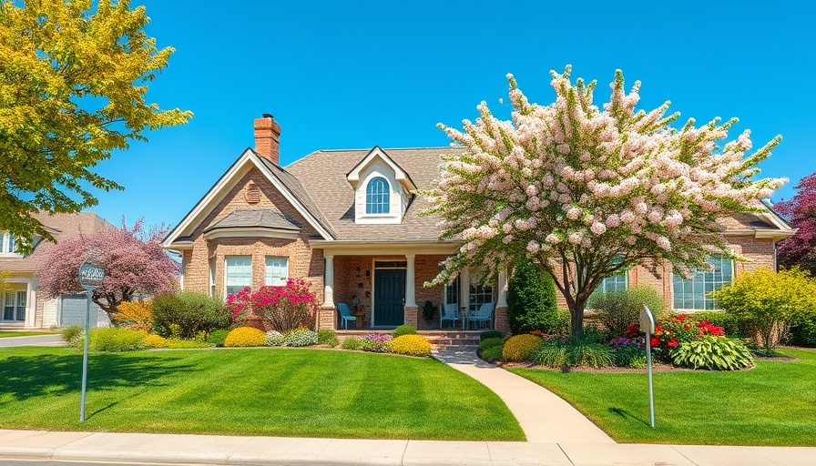 Charming suburban house in springtime with blooming garden.