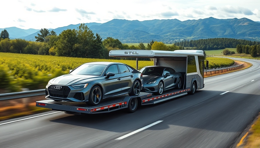 Car transport trailer on road illustrating how to ship a car to another state.