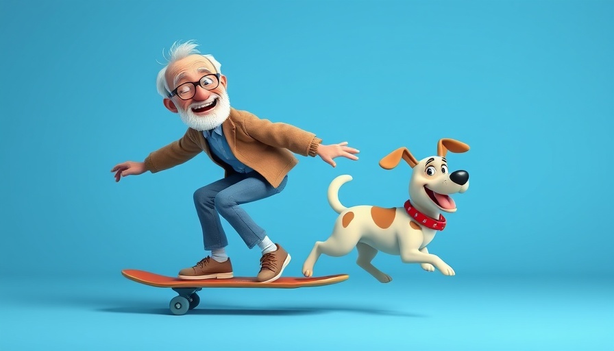 Elderly man skateboarding with dog, dynamic motion, cartoon style.