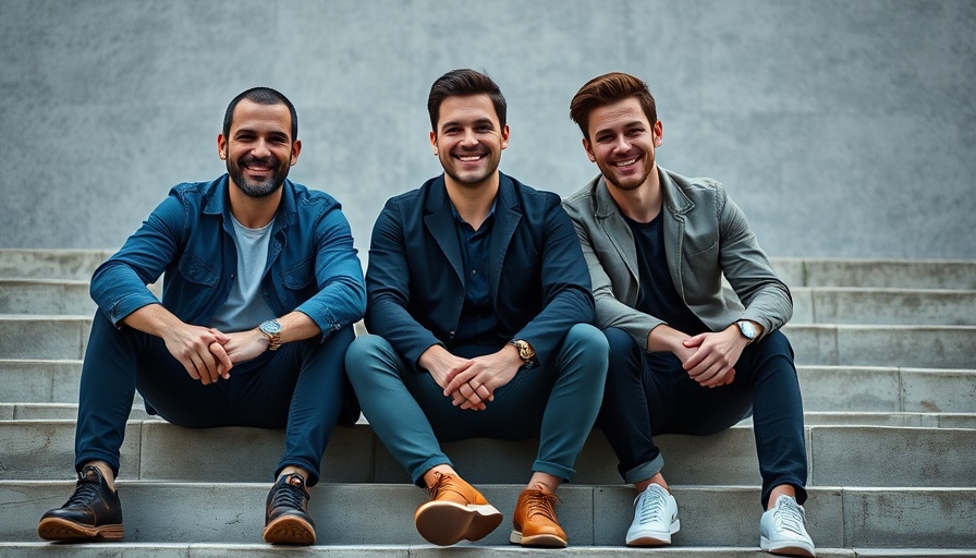 Three men sitting on steps in an urban setting.