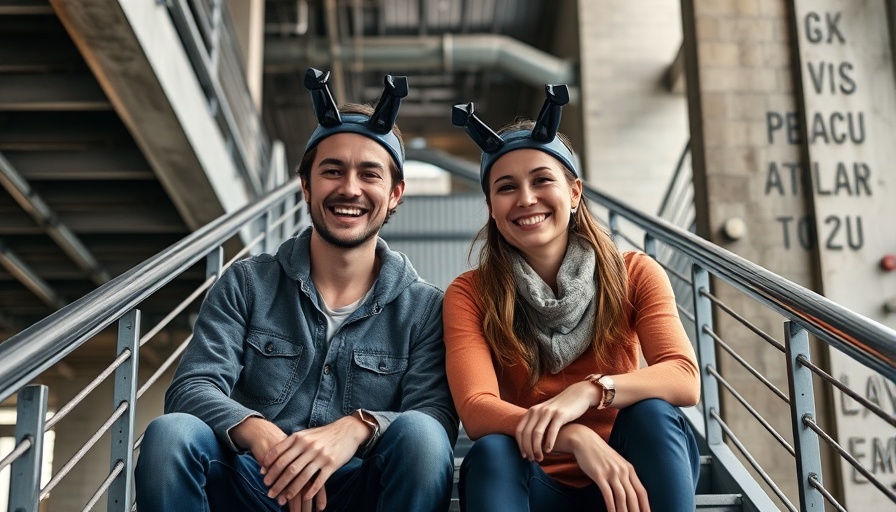 Two people wearing ADHD wearable headbands smiling on stairs.