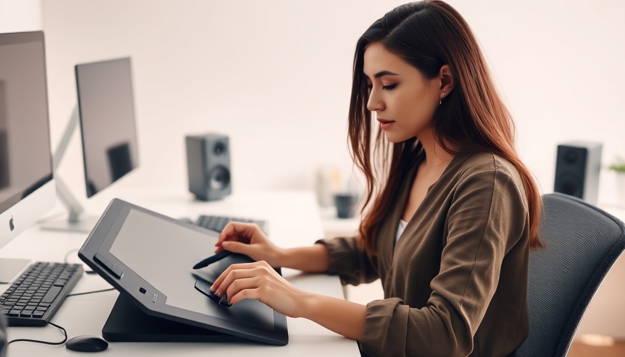 Woman using graphics tablet in a modern workspace to boost entrepreneurial creativity.