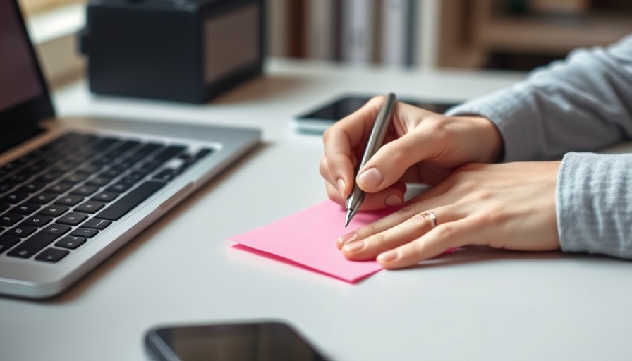 Close-up of a hand writing 'Client' on a sticky note near a laptop, meeting minutes for solopreneurs activity.