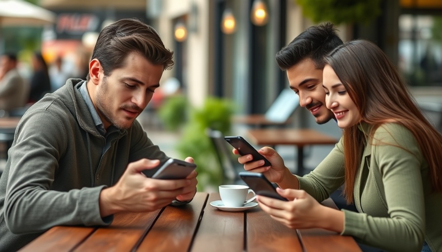 People using smartphones at a table, symbolizing online networking.