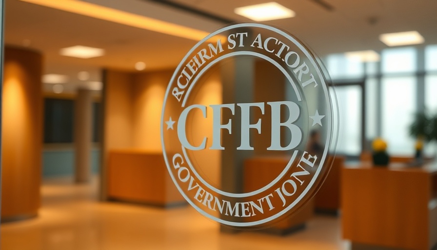 Transparent CFPB seal on glass door in office setting.