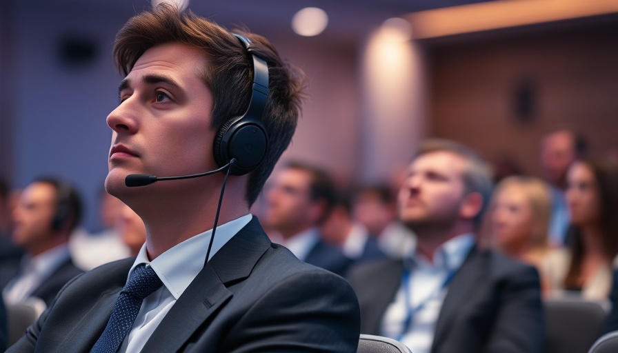 Focused attendee at a conference related to AI job displacement, listening intently.
