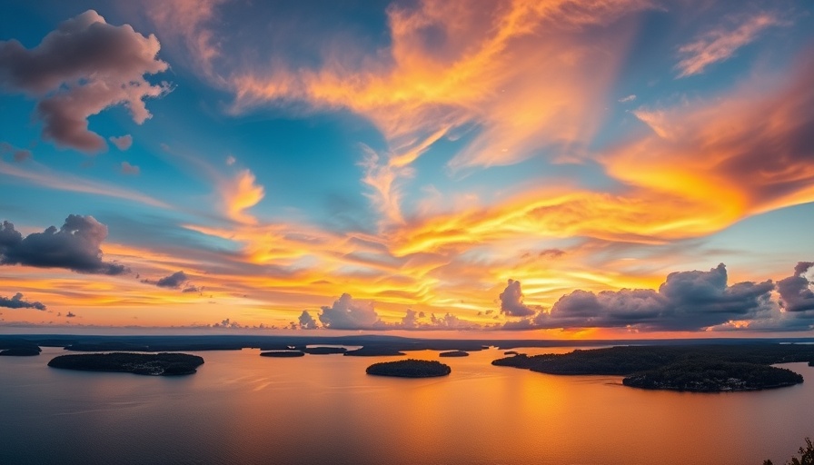 Panoramic sunset at Lake Norman showing vivid water reflections.