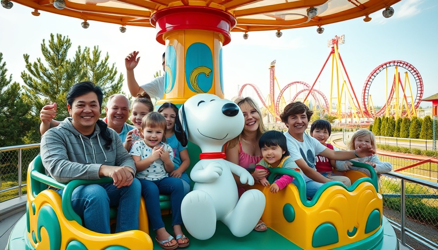 Family enjoying Snoopy ride at Charlotte amusement park, family-friendly attractions in Charlotte.