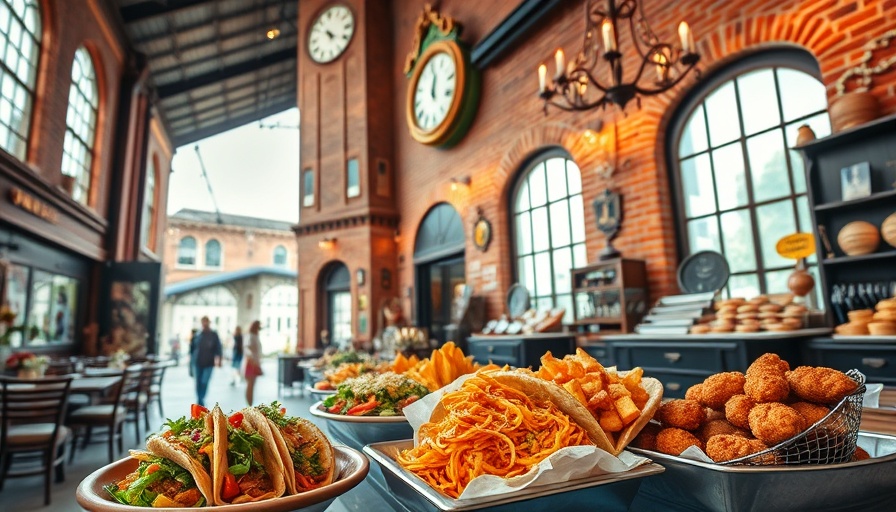 Explore unique treasures at Gibson Mill Depot with clock tower, vibrant food, antiques.