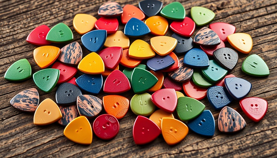 Colorful Honey Picks guitar picks on wooden surface.