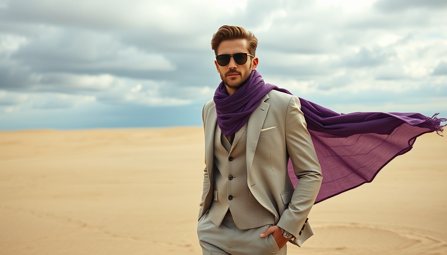 Lords of Harlech menswear on the beach, elegant and bold look.