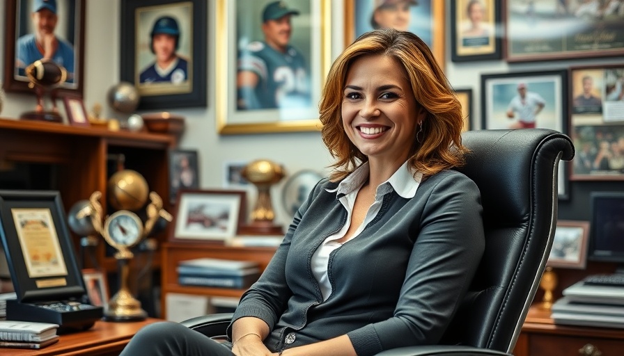 Confident woman in office with sports decor at Spectrum Center.