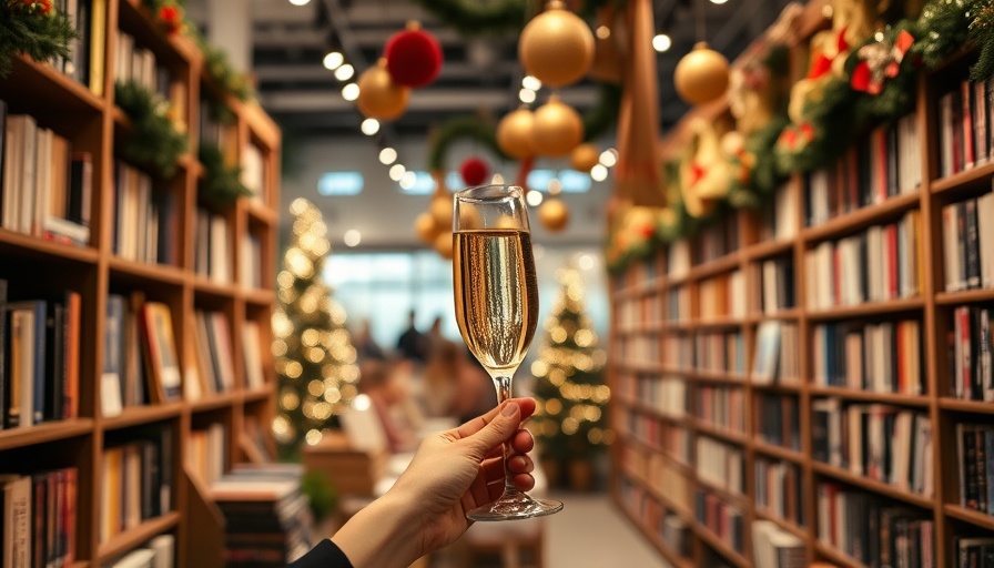 Cozy bookstore event with champagne flute, festive decor.