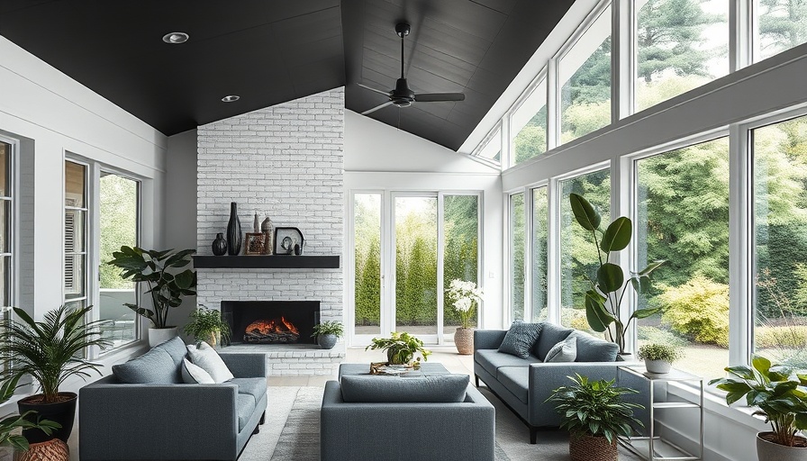 Modern sunroom design with black ceiling and white brick fireplace.