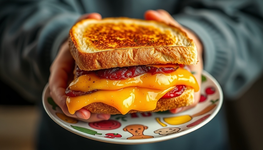 Secret menu sandwich with melted cheese on whimsical plate.
