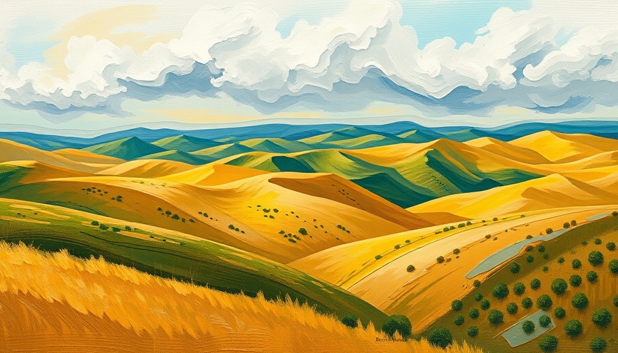 Abstract landscape painting with mountains and sky, colorful and textured.