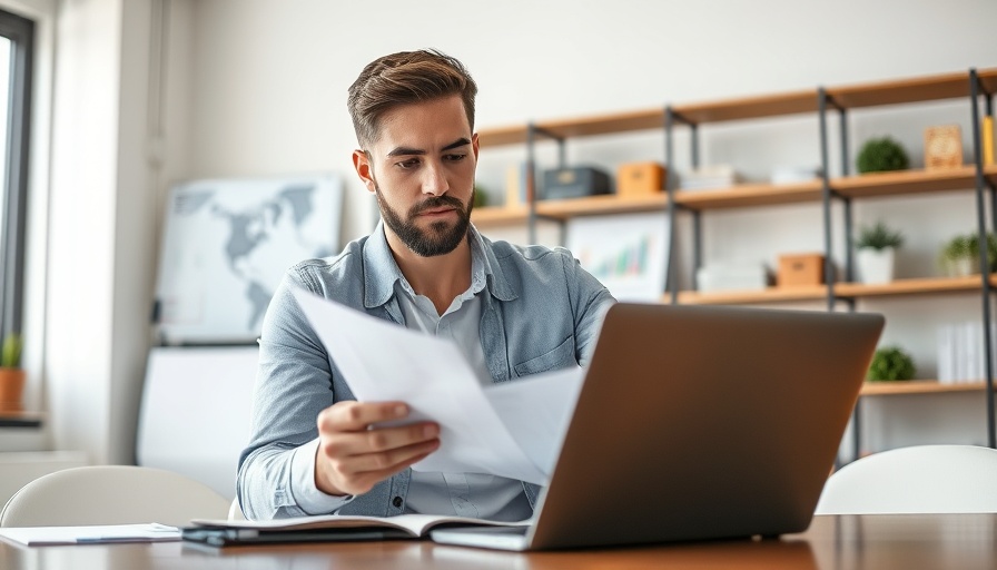 Young businessman analyzing documents in modern office for local advertising strategies.