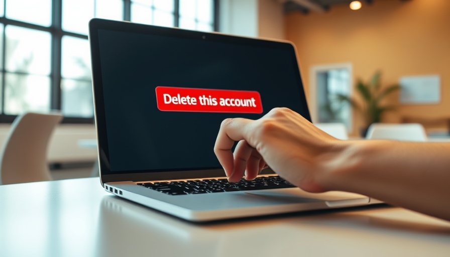 Hand hovering over laptop keyboard with 'Delete this account' button, bright setting.