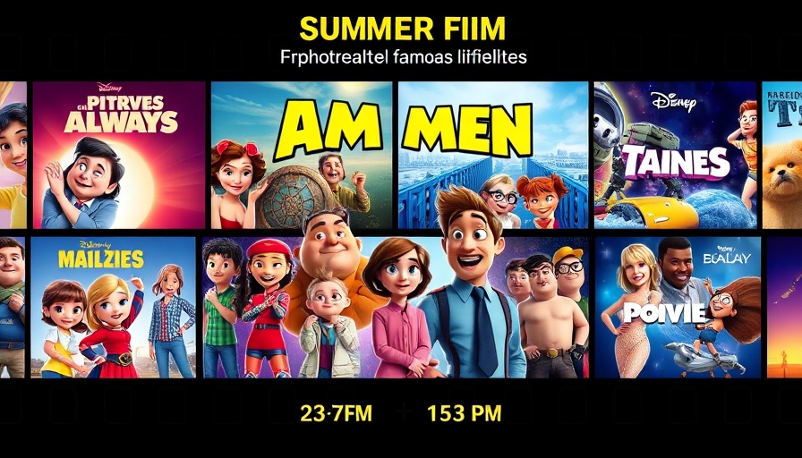 Colorful free summer movie program poster for kids with film titles and dates.