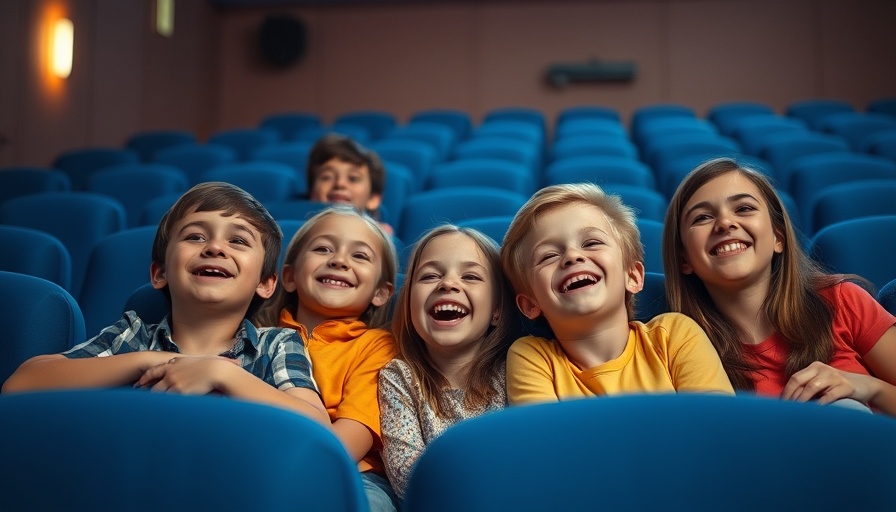 Kids enjoying affordable summer movies with an adult in a theater.