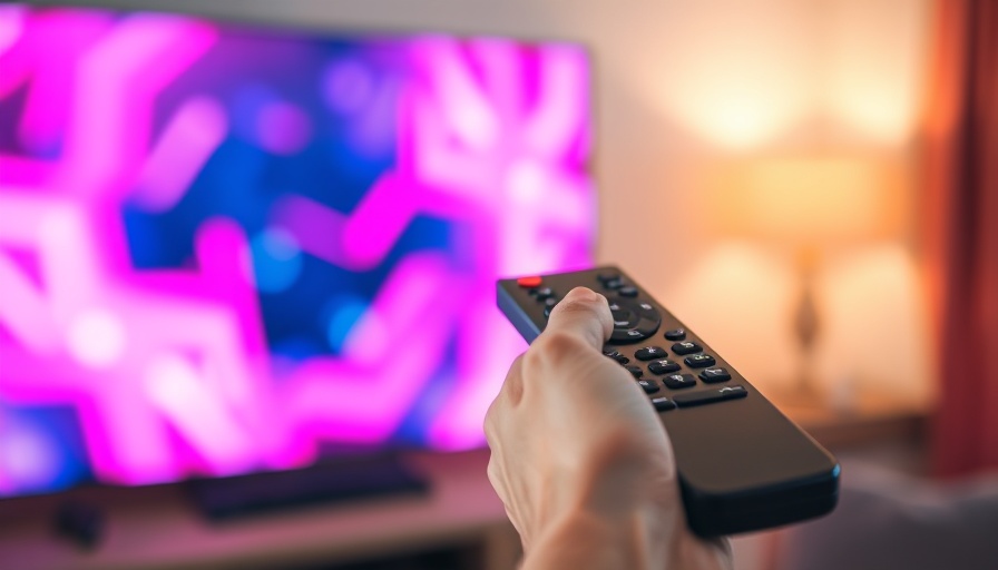 Hand holding remote aimed at vibrant pink TV screen for interactive TV advertising.