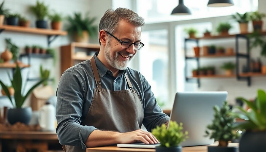 Man at laptop in shop learning how to close a sale.