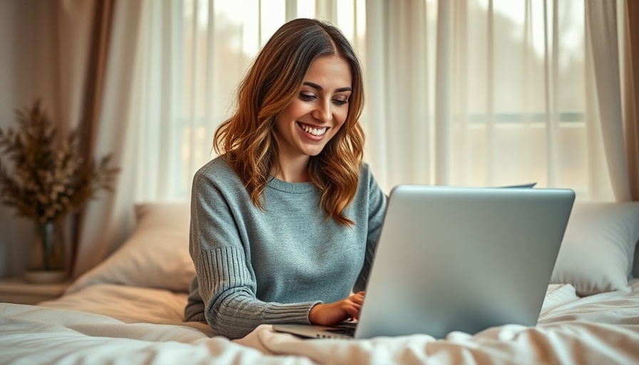 Confident woman on bed in bright room working on laptop.