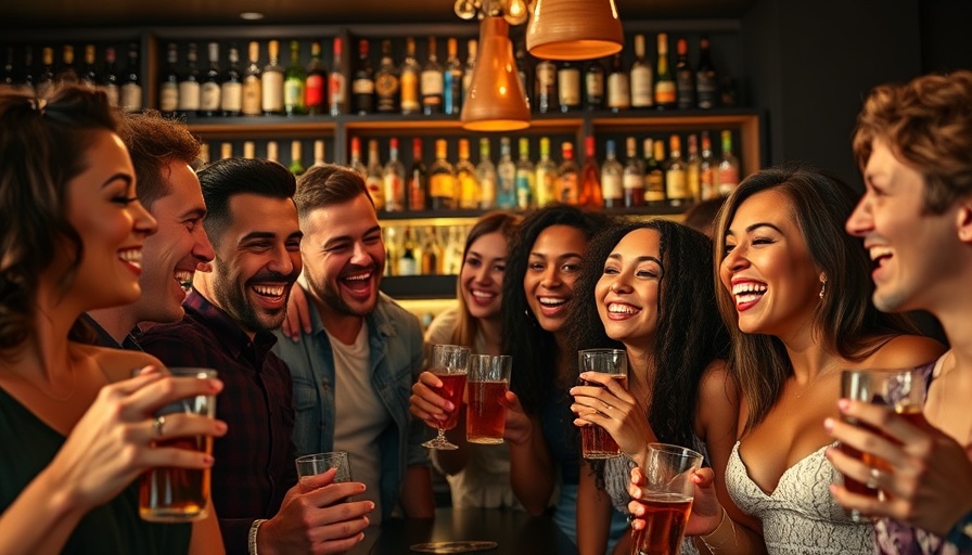 Friends laughing and enjoying drinks in a vibrant bar setting.