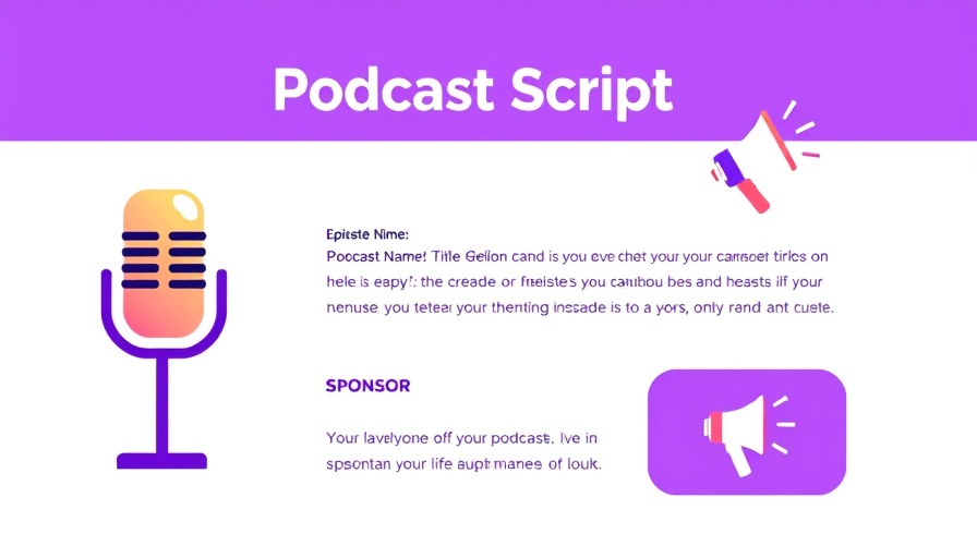 Podcast script template with editable fields and purple design.