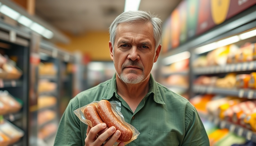Man shopping and examining sausage reflecting consumer spending trends.