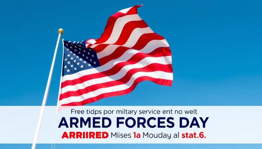 American flag promoting free train rides for military service members on Armed Forces Day.
