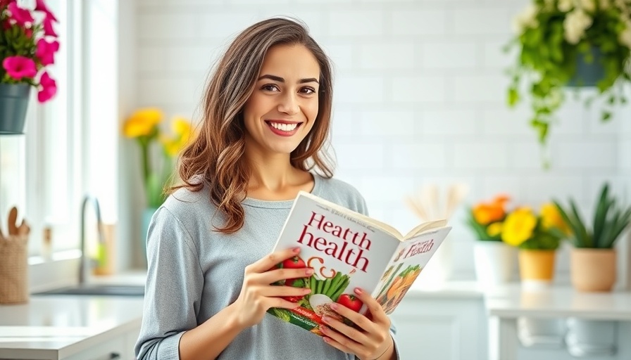 Holistic health solutions book held by smiling woman in kitchen.