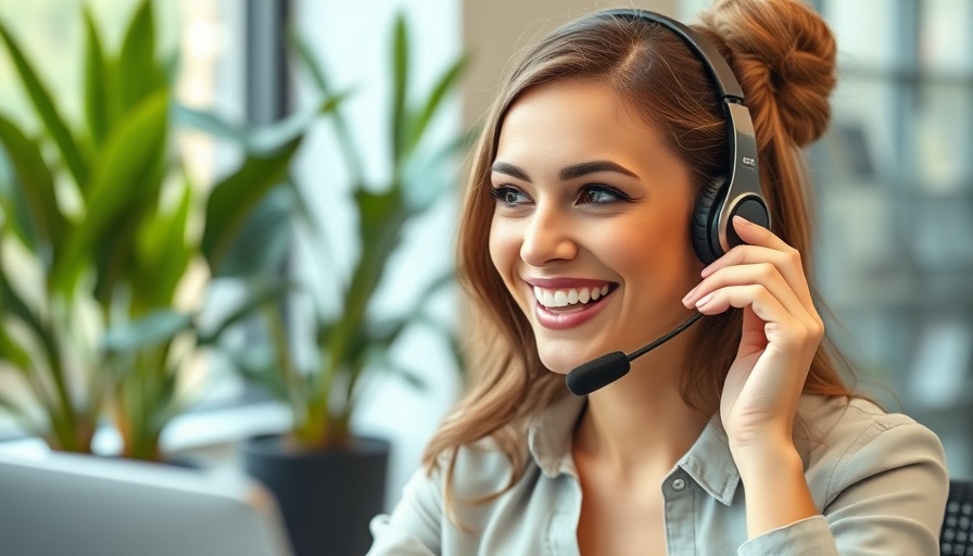 Smiling woman with headset providing customer service in modern office.