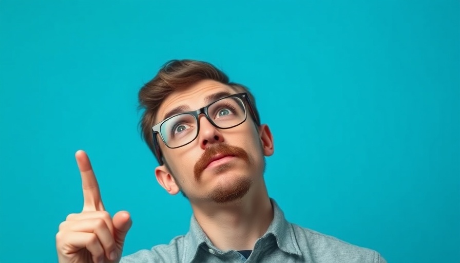 Young man indicating upward with a curious expression, Yelp Consumer Alerts context.