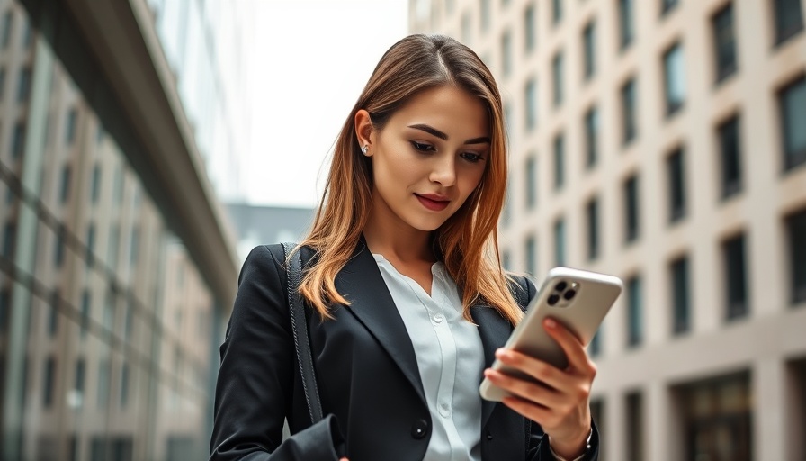 Professional woman strategizes law practice marketing, urban background.