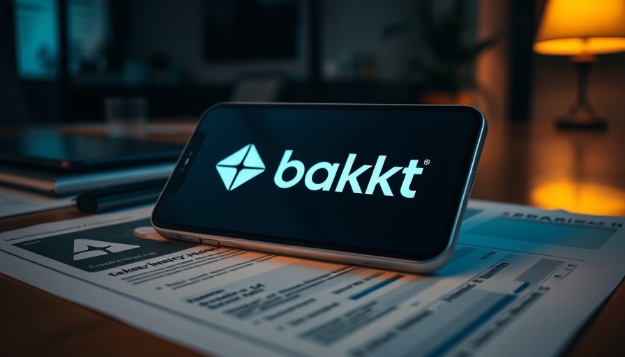 Smartphone with Bakkt logo on financial charts, crypto stablecoin infrastructure.