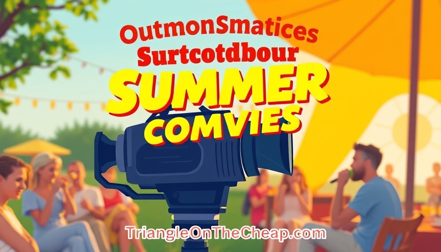 Vibrant poster for outdoor movies in the Triangle with film camera and photos.