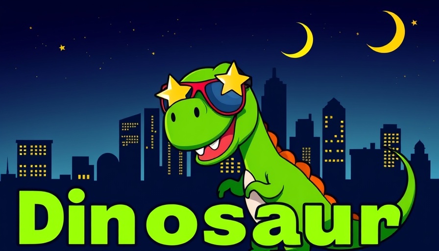 Playful dinosaur with star glasses promoting local events.