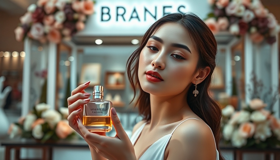 Elegant woman at pop-up perfumery holding perfume sample, serene setting.
