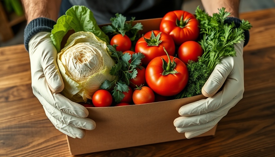 Free food distribution at Southeast YMCA with gloved hands holding vegetable box.