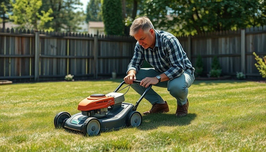 Man preparing lawn mower in a backyard, how to pack lawn equipment guide.