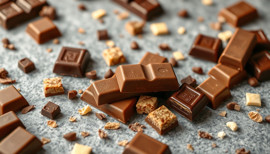 Assorted chocolate bars with sprinkles on gray background, popular bar snacks.