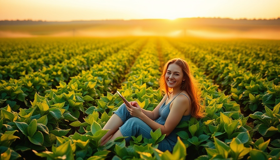 Young woman using tablet in field with sprinklers showcasing innovative agricultural business ideas.