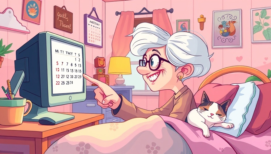 Elderly woman making an Excel calendar on computer, cozy cartoon room.