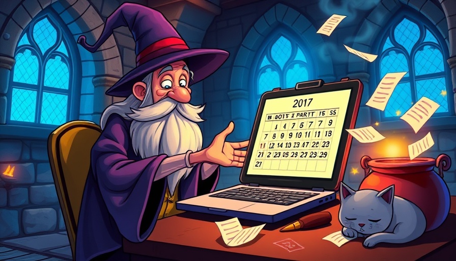 Whimsical wizard creating a calendar with spells, cartoon style.