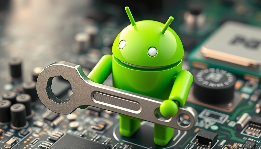Android robot with wrench on circuit board, symbolizing updates.