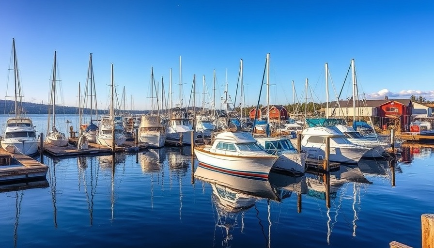 Wanchese fishing village marina with boats docked under clear sky.