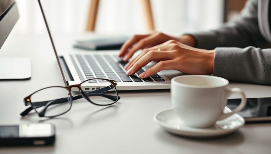Hands typing on a laptop with coffee and glasses, familiar business concepts.