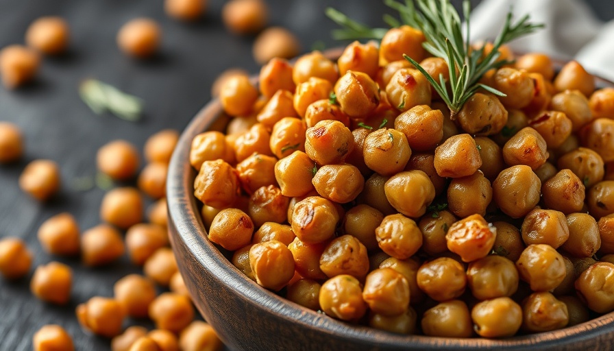 Roasted chickpeas easy vegan protein snacks on a wooden table.