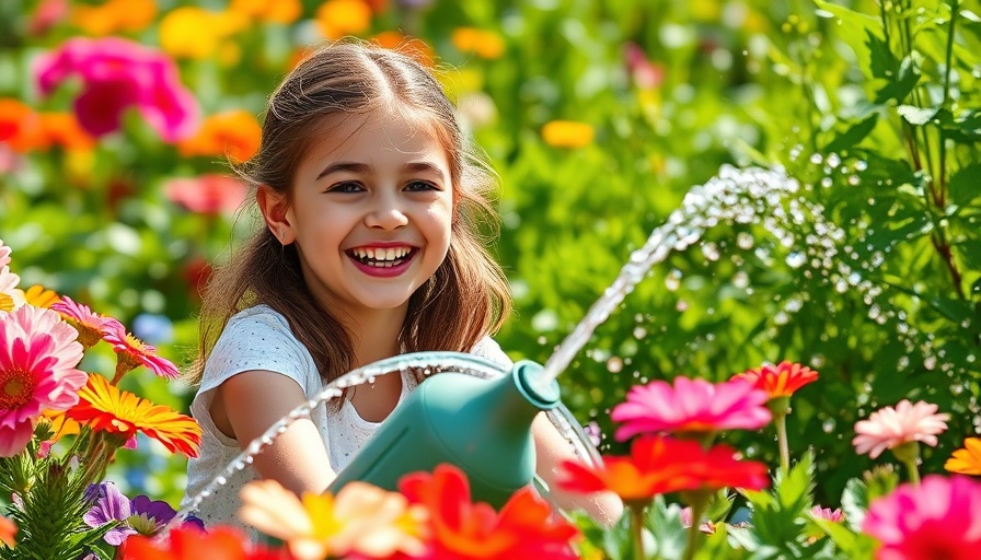 Joyful girl practicing eco-friendly gardening by watering flowers.